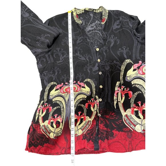 Citron Santa Monica Silk Top Button-Up Black Red Print Long Sleeve Womens Size L - Picture 5 of 5